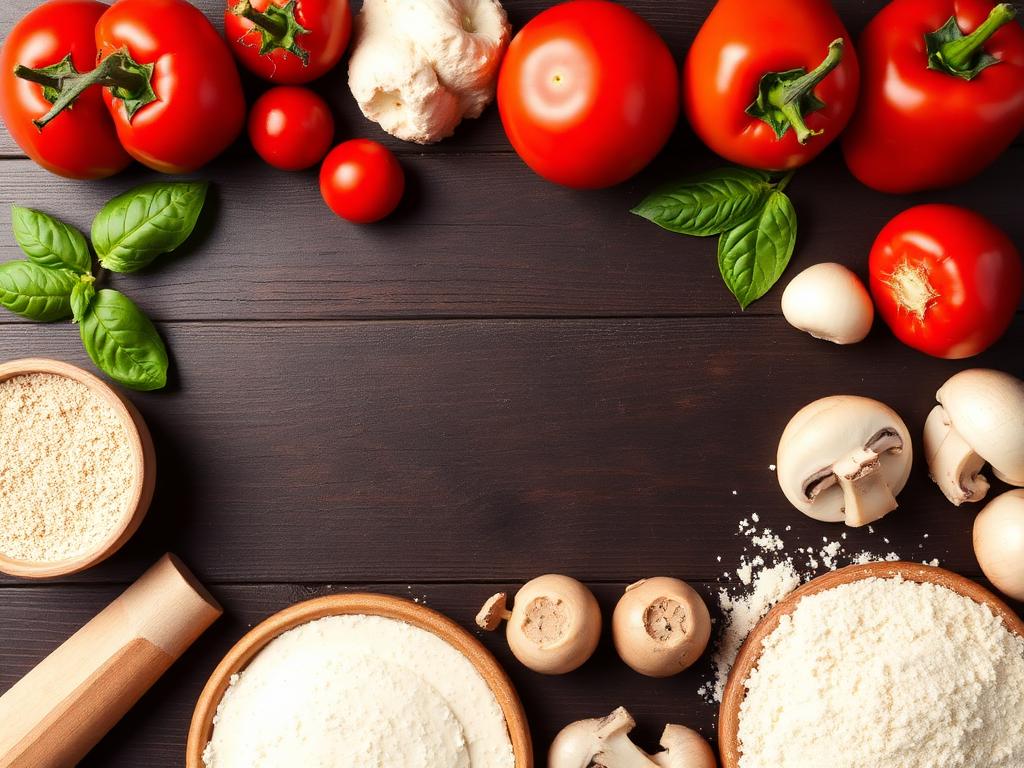 Fresh tomatoes, basil, mushrooms and dough ingredients